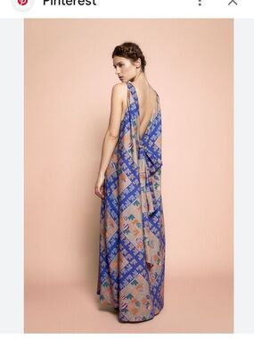 Vibrant Blue Geometric Printed Formal Designer Maxi Dress Low Back SZ US Med